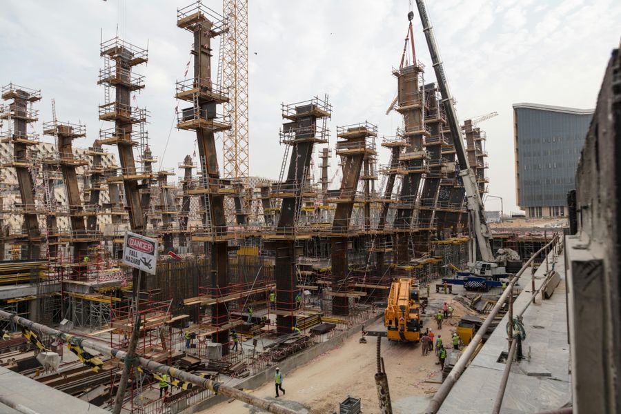 Commercial building under construction with steel framework