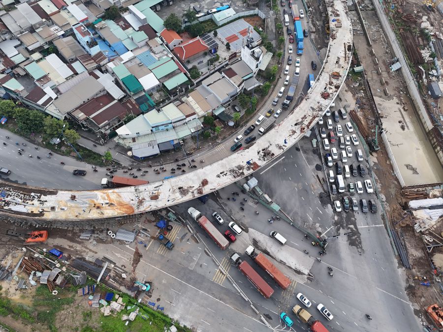Aerial view of bridge and highway construction